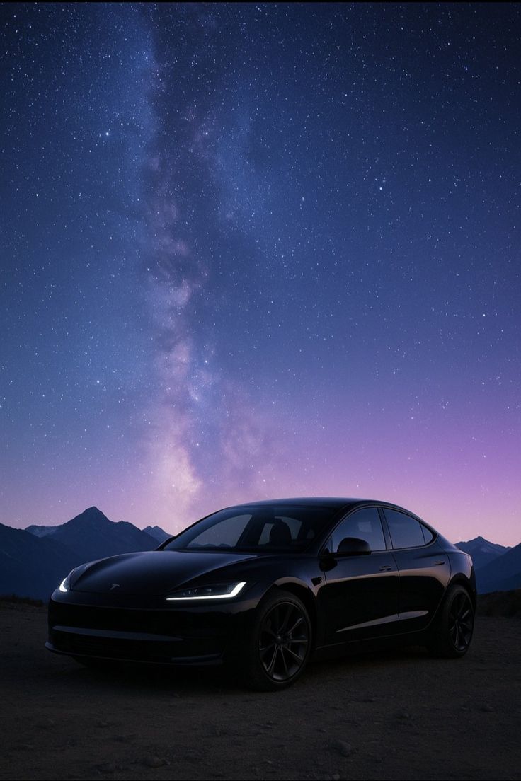 Schwarzer Tesla Model 3 Highland unter der Milchstrasse